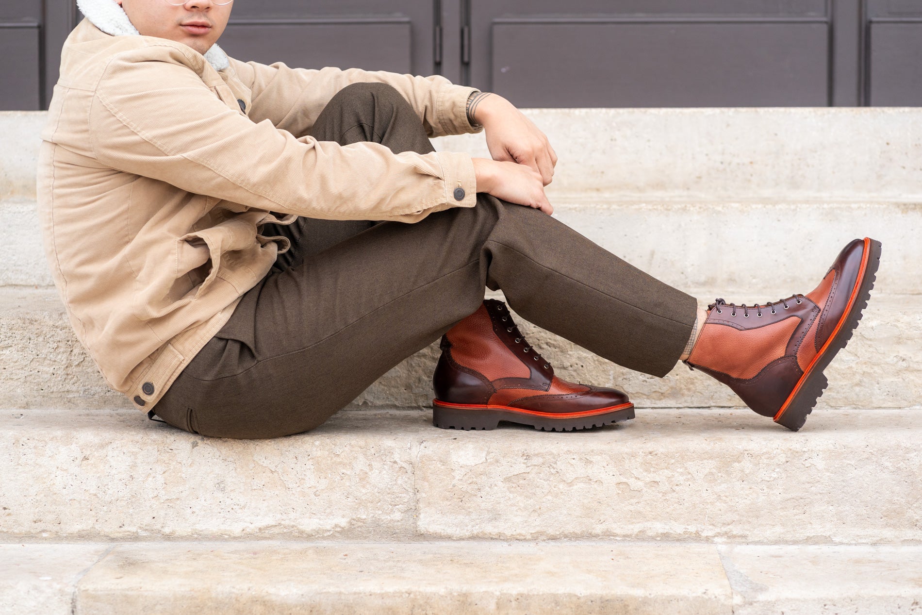 Grey Pants  Caramel Brown Boots  SOLETOPIA  Grey pants men Brown shoes  outfit Mens outfits