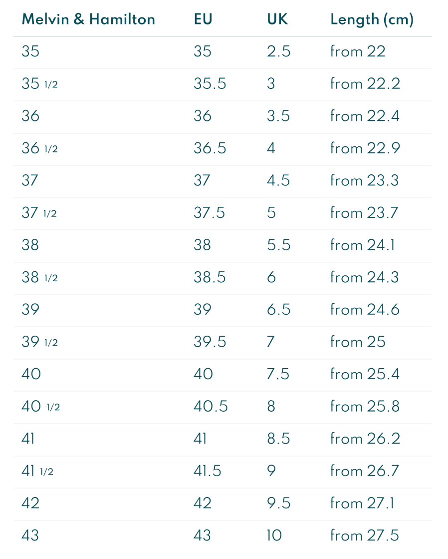 Size grid for women shoes